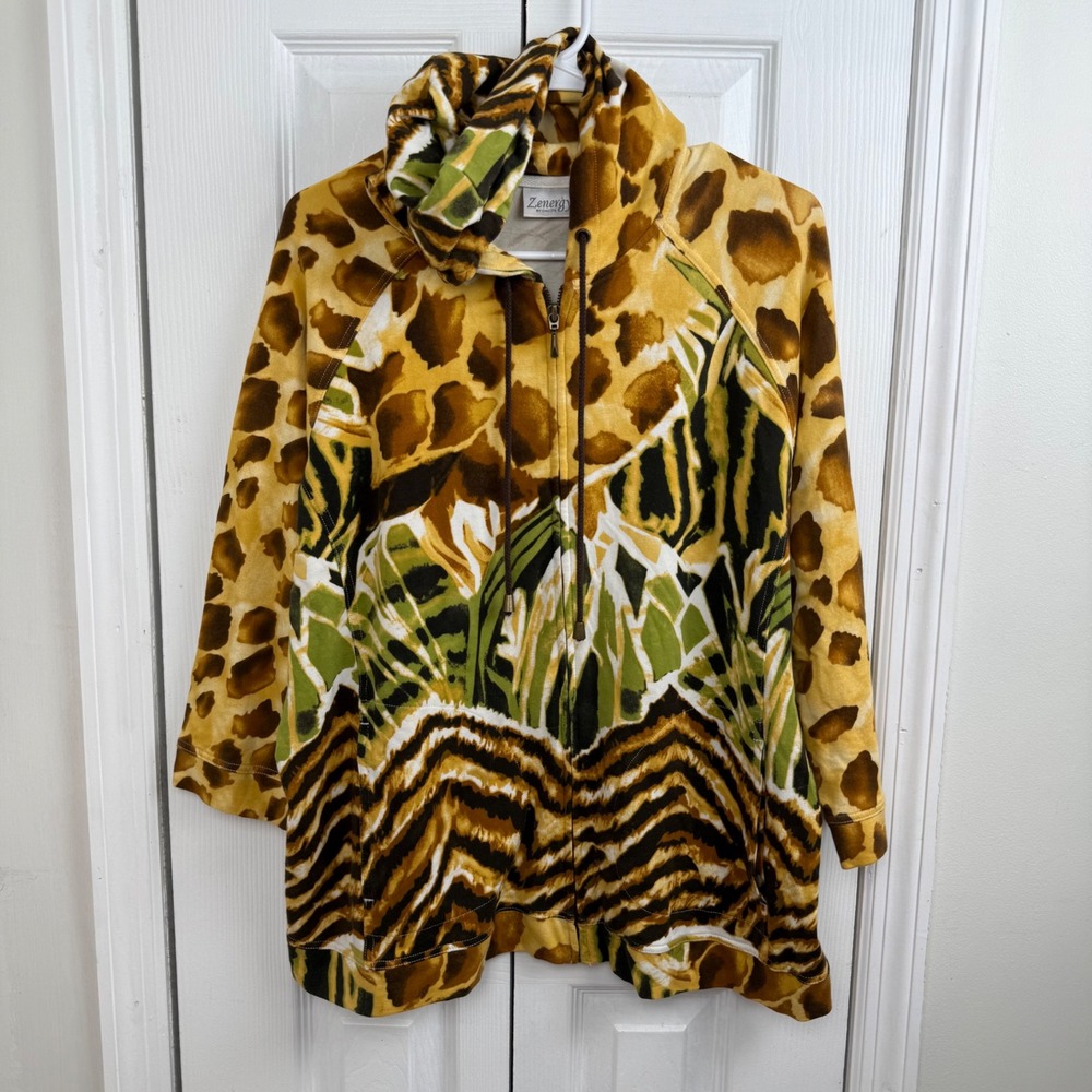 Zenergy by Chicos Womens Hooded Zip Up Jacket Animal Print Multi Color Size L